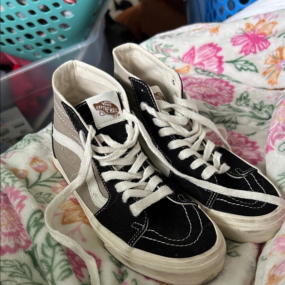 Vans Black and Cream High-Top Sneakers